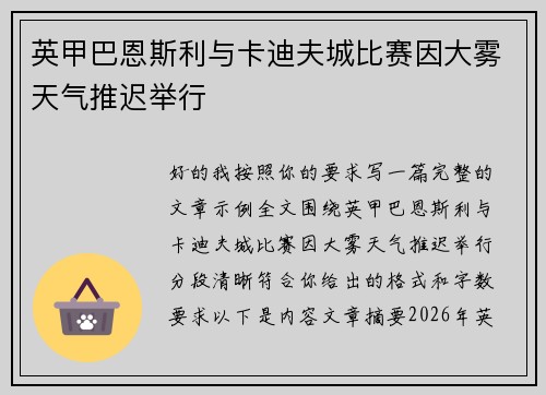 英甲巴恩斯利与卡迪夫城比赛因大雾天气推迟举行