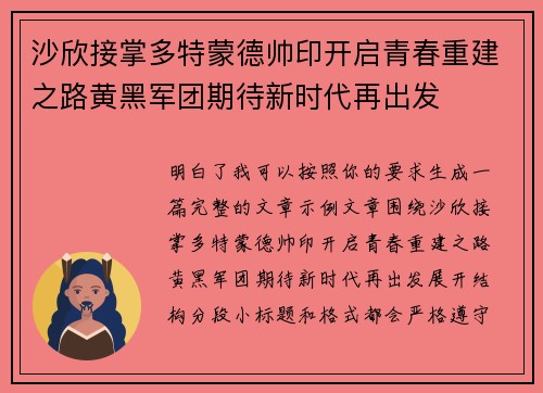 沙欣接掌多特蒙德帅印开启青春重建之路黄黑军团期待新时代再出发 沙欣接掌多特蒙德帅印开启青春重建之路黄黑军团期待新时代再出发